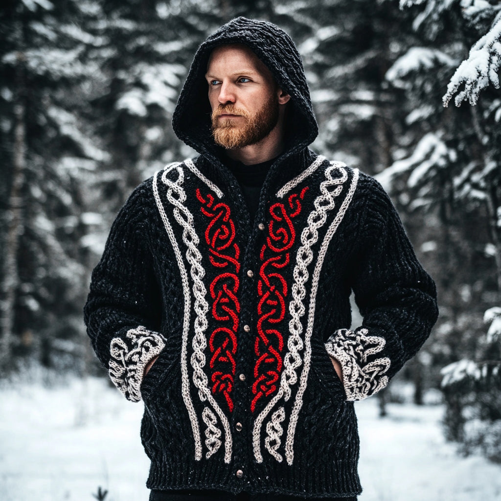 Men's Viking Celtic Knot Jacquard Contrast Hooded Button Sweater elevenforest