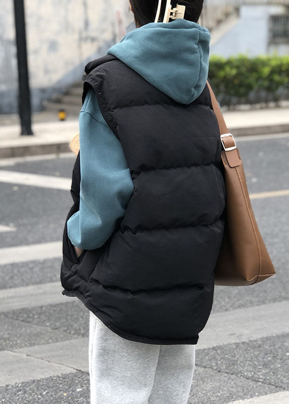 Black Pockets Button Patchwork Winter Warm Sleeveless Puffer Vest