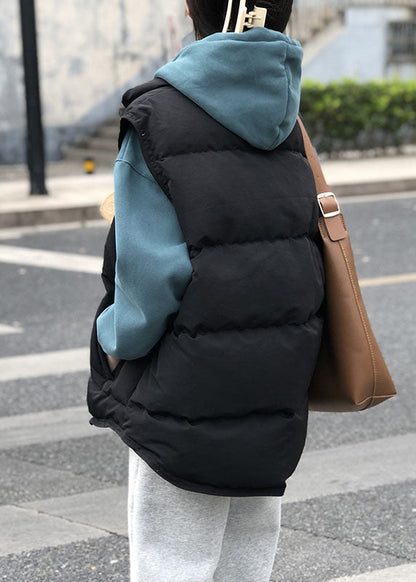 Black Pockets Button Patchwork Winter Warm Sleeveless Puffer Vest