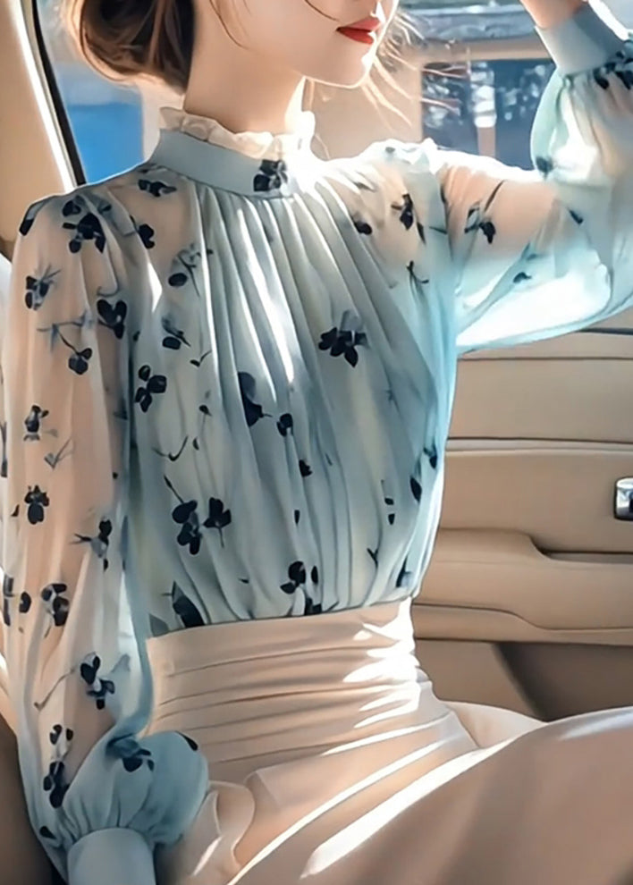 Blue Ruffled Print Wrinkled Chiffon Shirt Fall