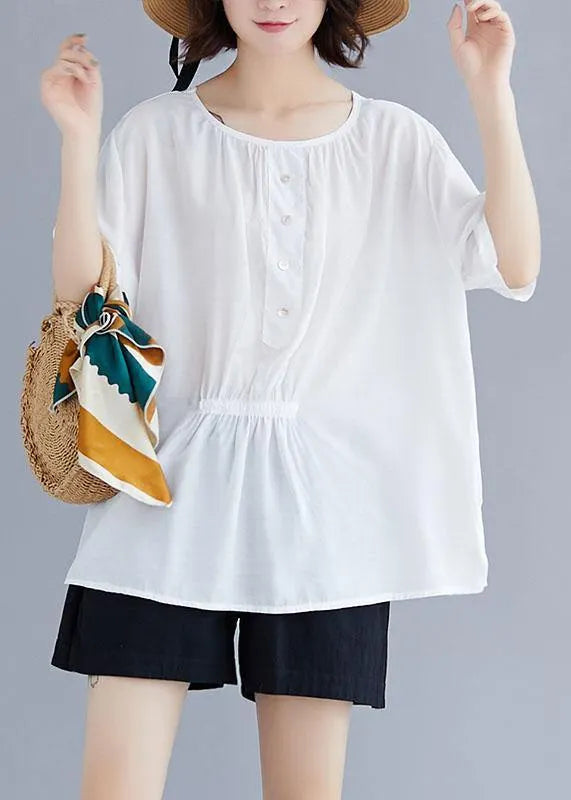 Natural White Cotton Blouse O Neck Half Sleeve Loose Summer Top