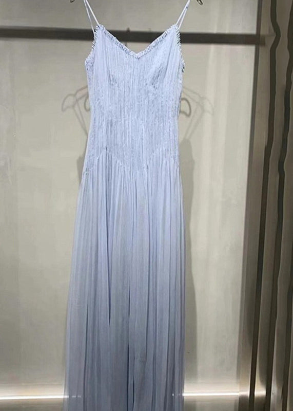 Blue V Neck Wrinkled Cotton Spaghetti Strap Dress Summer