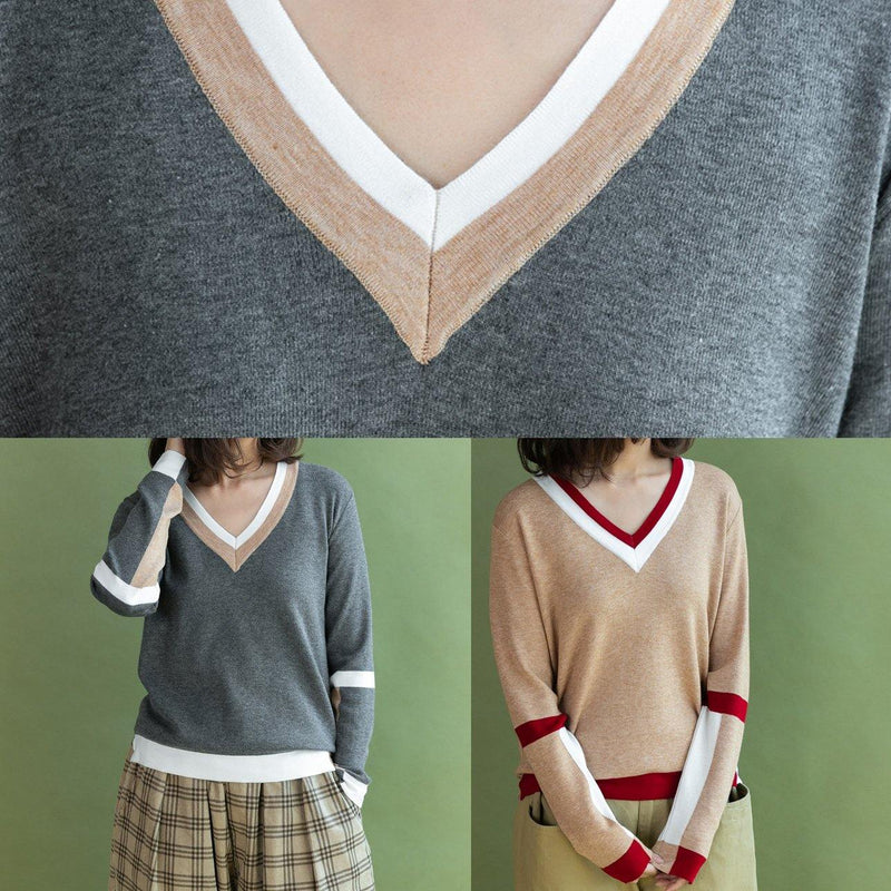 Chunky Khaki Knit Blouse V Neck Sweaters Side Open