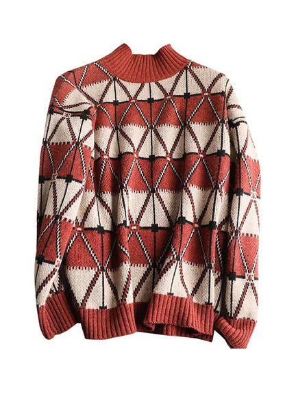 Turtleneck Plaid Patchwork Knit Sweater Long Sleeve