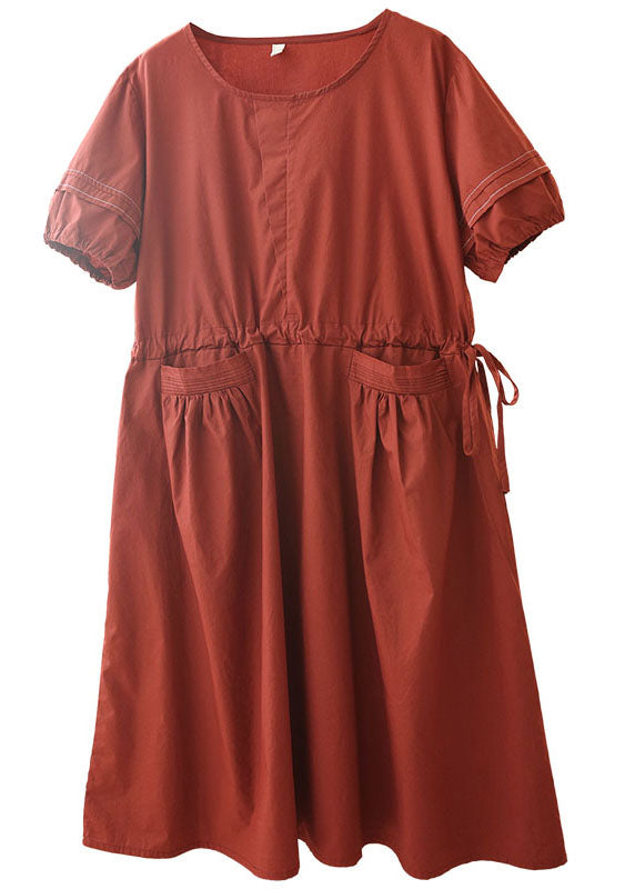 Red O-neck Drawstring Cotton Holiday Dress Short Sleeve