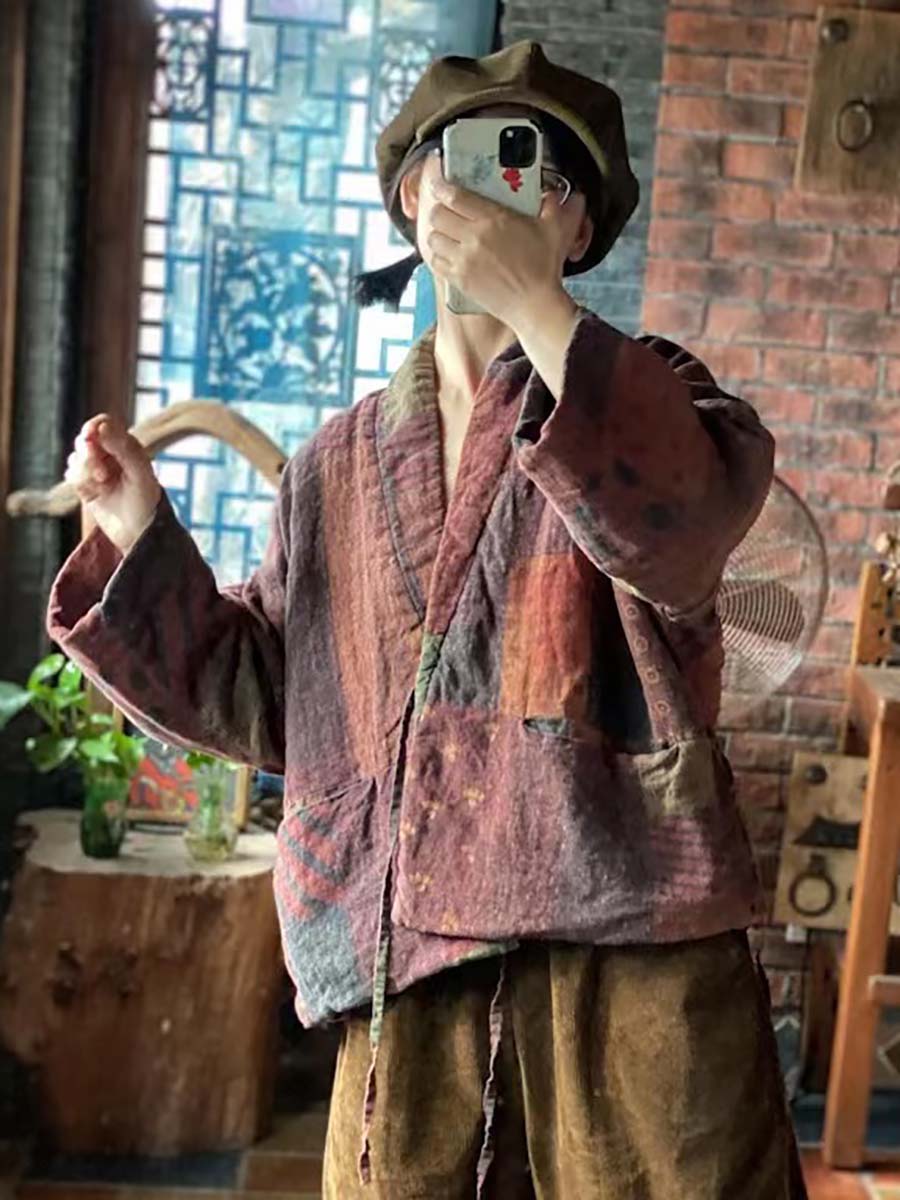 Winter Print Drawstring Linen Cotton Coat