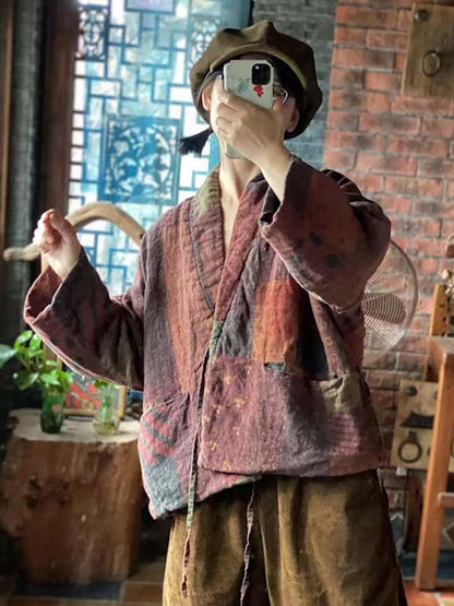 Winter Print Drawstring Linen Cotton Coat
