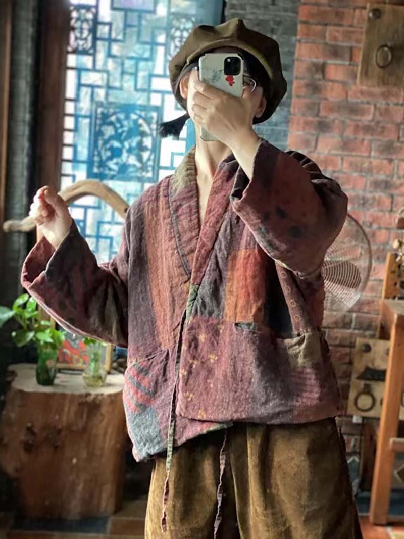Winter Print Drawstring Linen Cotton Coat