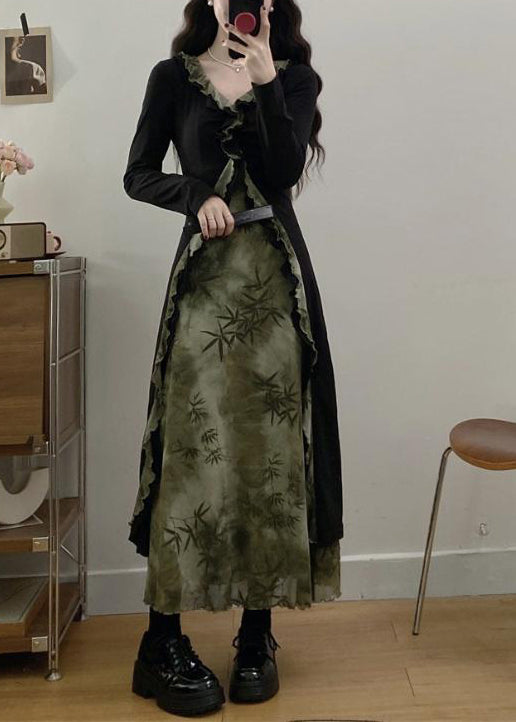 Tea Green Ruffled Patchwork Bamboo Print Cotton Dress Fall
