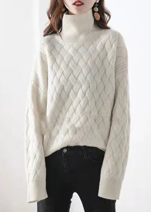 Light Camel Turtleneck Plaid Wool Knit Sweaters Spring