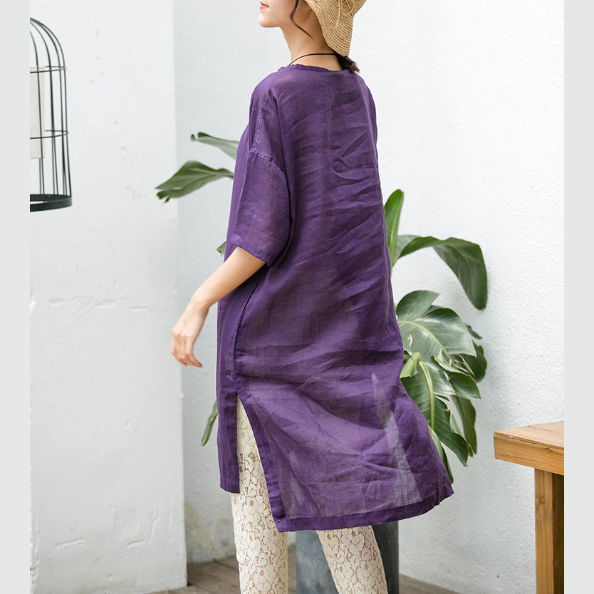 Purple Natural Cotton Linen Dress Oversize Traveling Clothing Fine Short Sleeve O Neck a Line Skirts Cotton Linen Dress