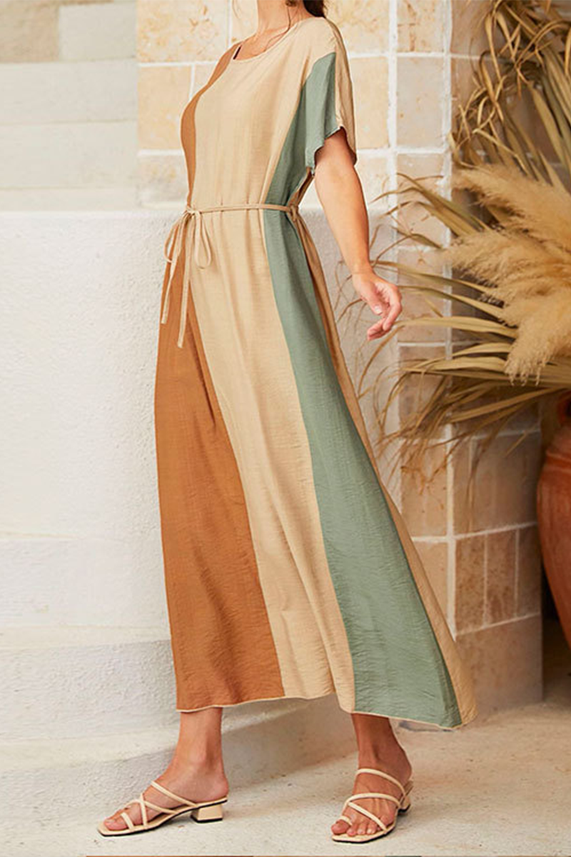Color Lump With Belt Contrast O Neck Dresses