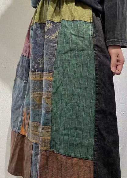 Colorblock Wrinkled Elastic Waist Patchwork Cotton Skirts Spring