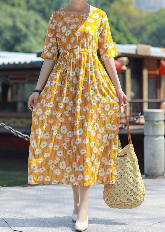 Handmade O Neck Drawstring Cotton Yellow Print Maxi Dress Summer