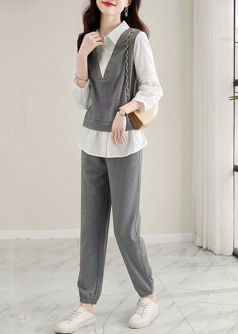 Grey Peter Pan Collar Tops and Pants Cotton Two-piece Set Fall