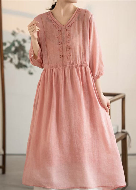 Pink V Neck Patchwork Linen Dresses Summer