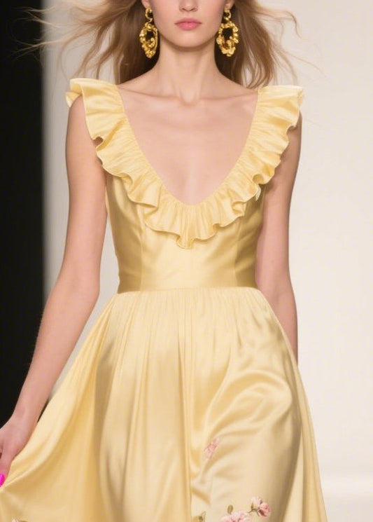 Yellow Ruffles Print Silk Vestidos Dress Summer