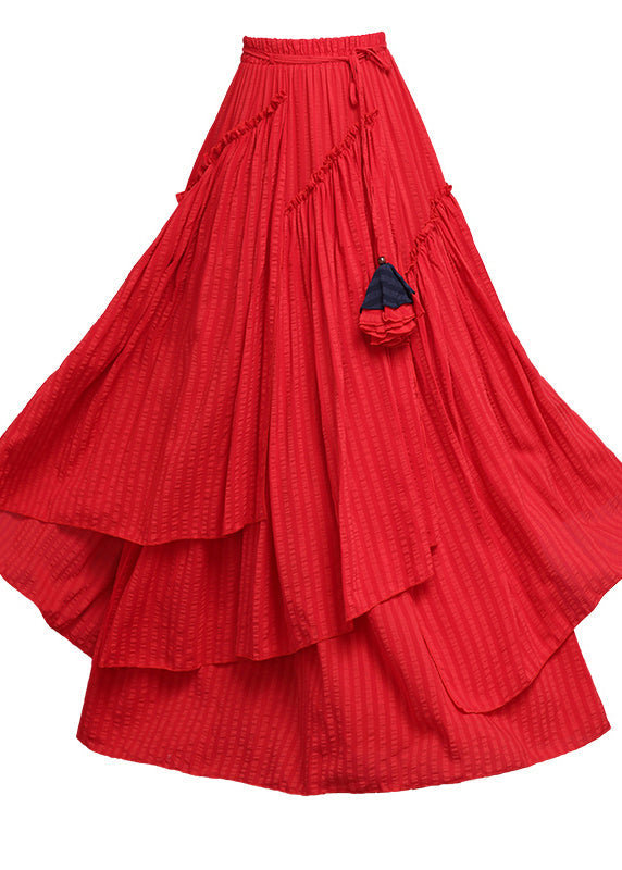 Red Asymmetrical Tie Waist Pleated Skirt