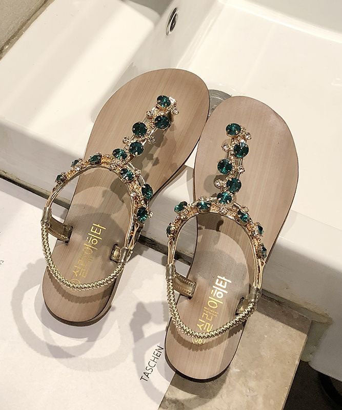 Boutique Zircon Splicing Peep Toe Flat Sandals Green Pu