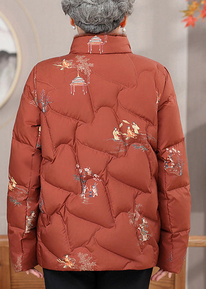 Orange Fur Collar Print Button Warm Fine Cotton Filled Coats Winter