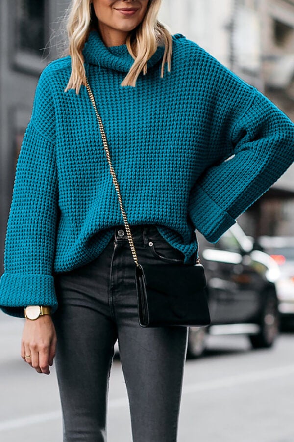Color High Neck Loose Knit Sweater