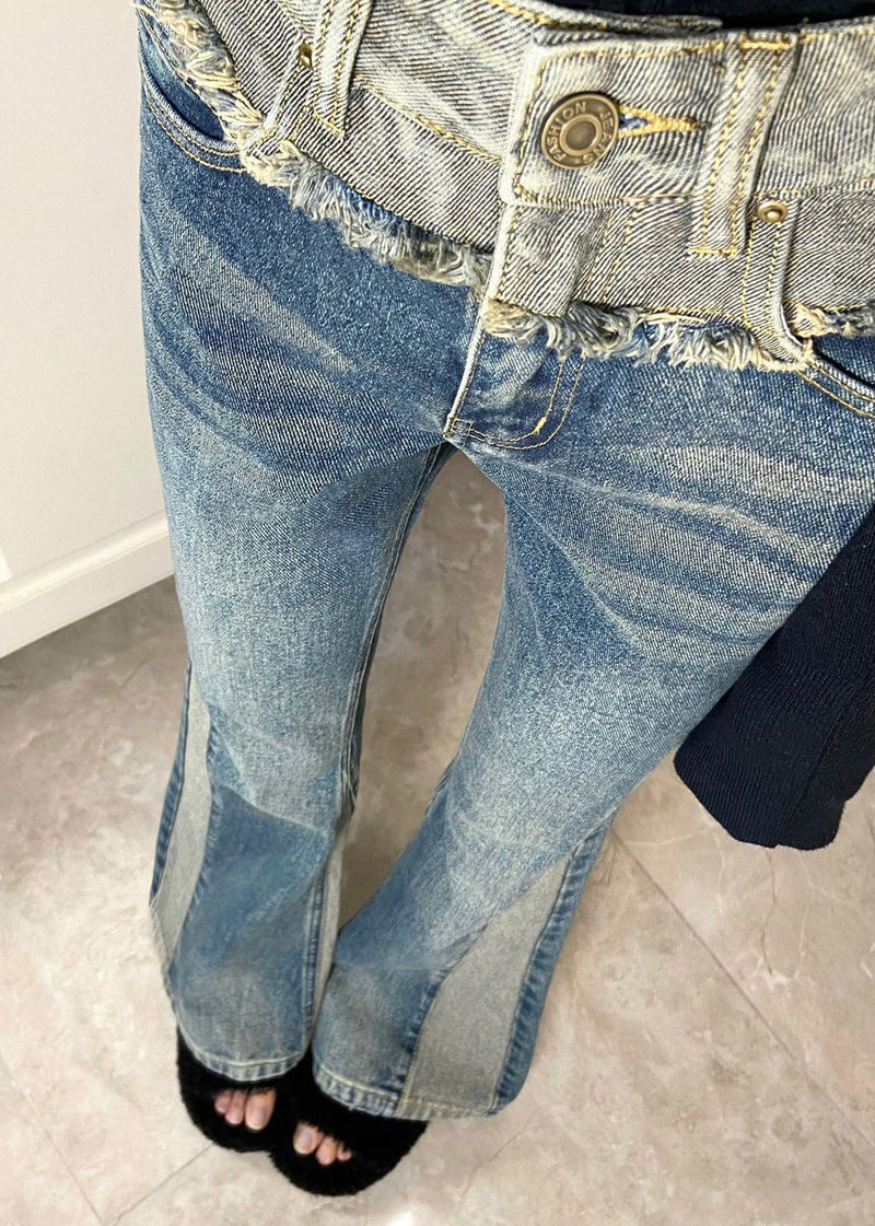 Blue Pockets High Waist Denim Pants Spring