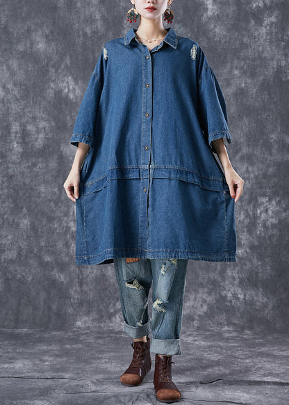 Navy Oversized Patchwork Denim Ripped Trench Coats Bracelet Sleeve