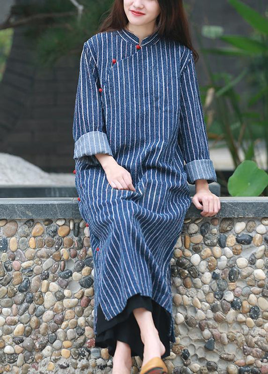 Simple Stand Collar Side Open Tunic Tutorials Denim Blue Striped a Line Dress