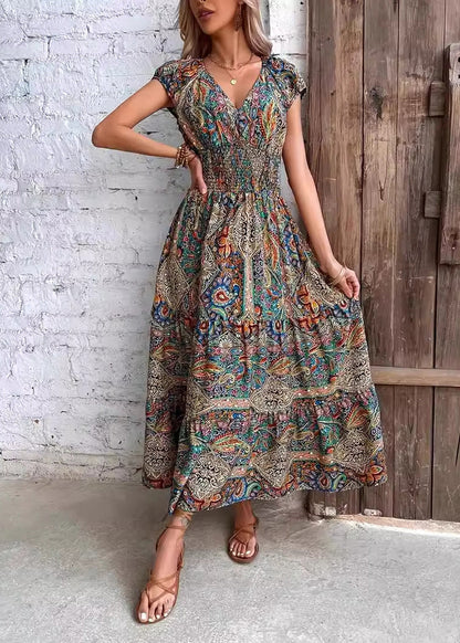 Loose V Neck Print Cotton Long Dress Summer