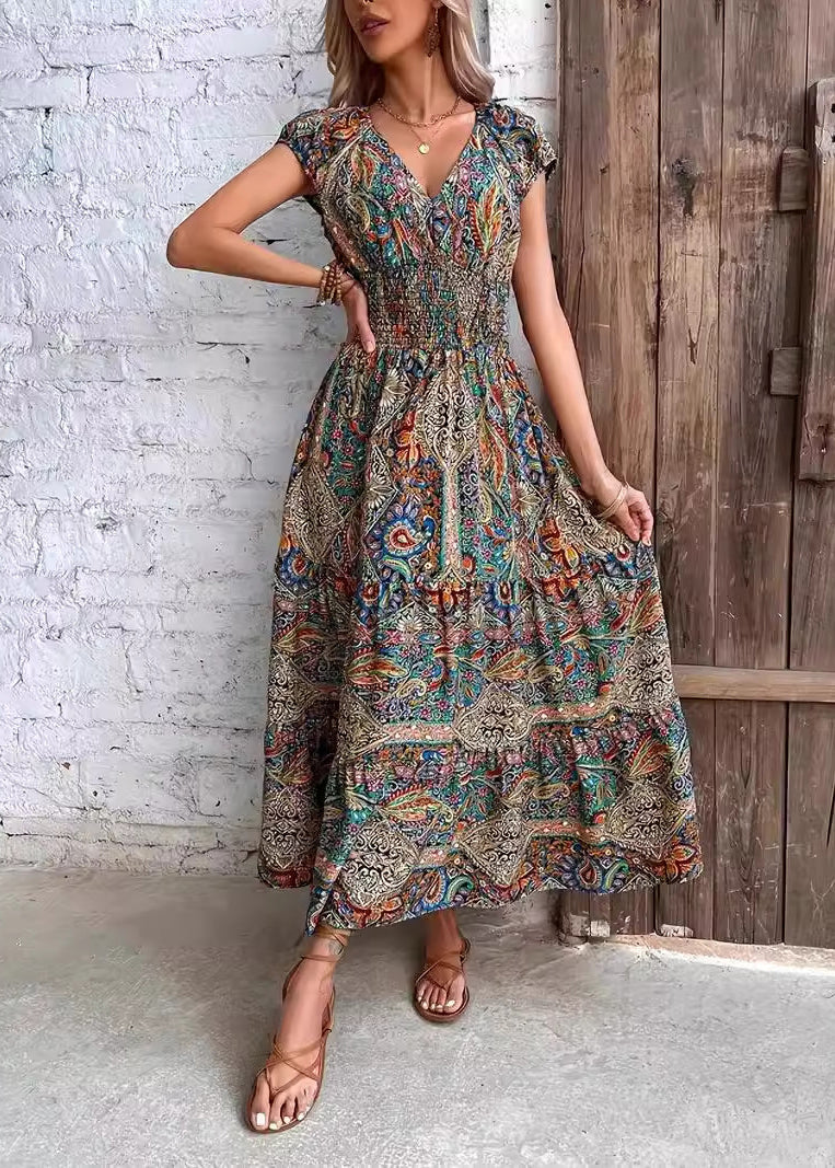 Loose V Neck Print Cotton Long Dress Summer