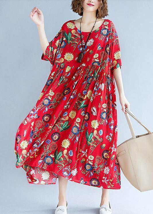 Simple Red Print Cotton Clothes for O Neck Cinched Dresses Summer Dresses
