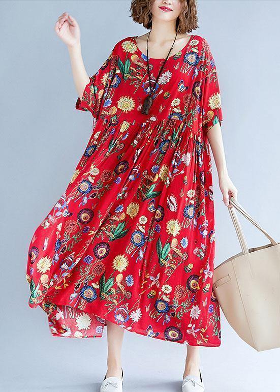 Simple Red Print Cotton Clothes for O Neck Cinched Dresses Summer Dresses