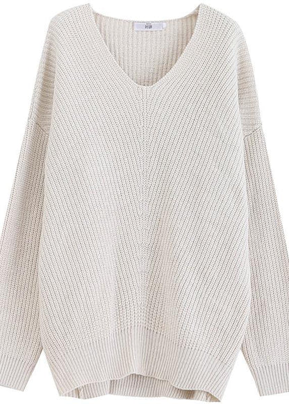 Beige Knit Tops Fall V Neck Batwing Sleeve Knitted T Shirt