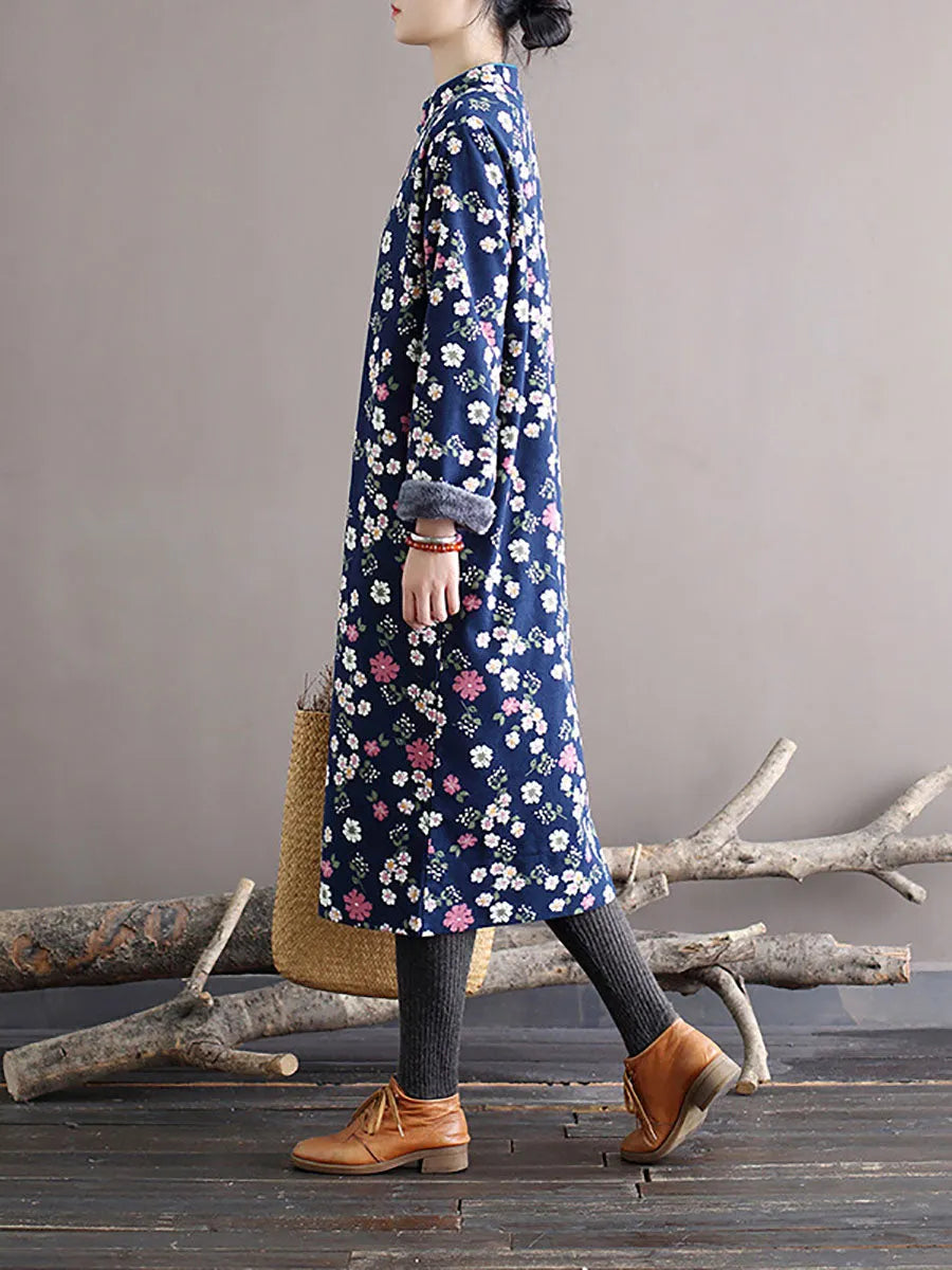 Winter Chinese Style Print Frog Thick Dress
