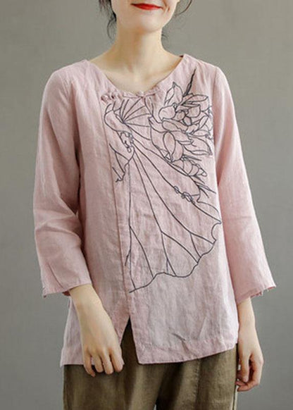 Pink O-neck Button Embroidered Fall Linen Long Sleeve Top