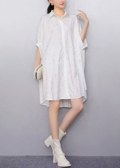 White Oversized Rhinestone Cotton Shirt Dress Summer