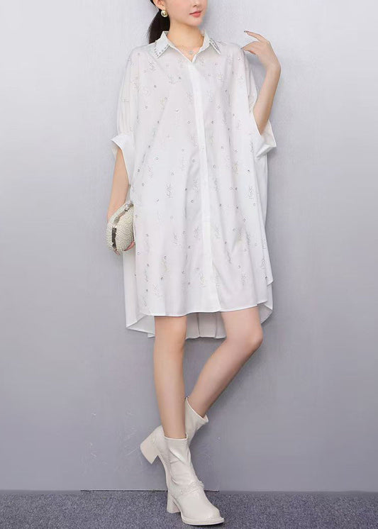 White Oversized Rhinestone Cotton Shirt Dress Summer