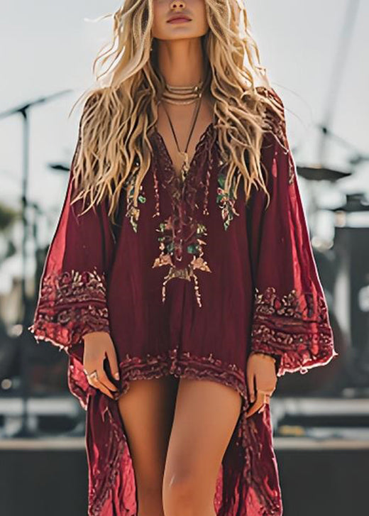 Red V Neck Print Low High Design Cotton Dresses Spring