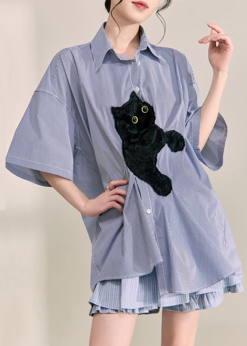 Blue Peter Pan Collar Little Cats Striped Shirts Summer