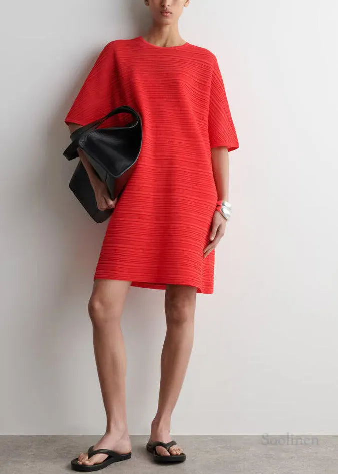 Pink Oversized Wrinkled Cotton Mid Dress Summer