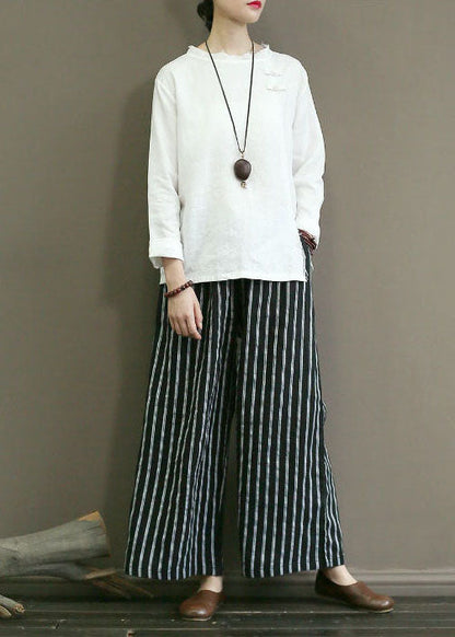 Black Striped Linen Wide Leg Pants Elastic Waist Oversized