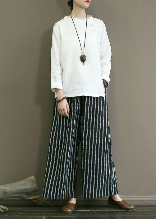 Black Striped Linen Wide Leg Pants Elastic Waist Oversized