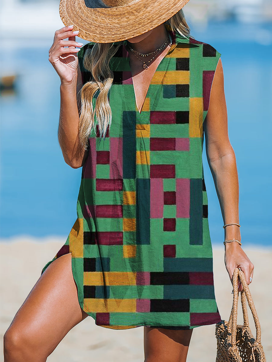 Color Stripes Women's Print Casual Cotton And Linen 3/4 Sleeve Shirt
