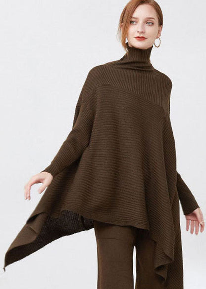 French Coffee Turtle Neck Patchwork Striped Wool Knitted Tops Long Sleeve