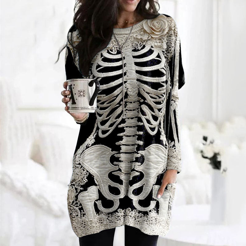 Comstylish Comstylish Women's Halloween Skeleton Bones With Rose Art Cozy Knit Turtleneck Mini Sweater Dress
