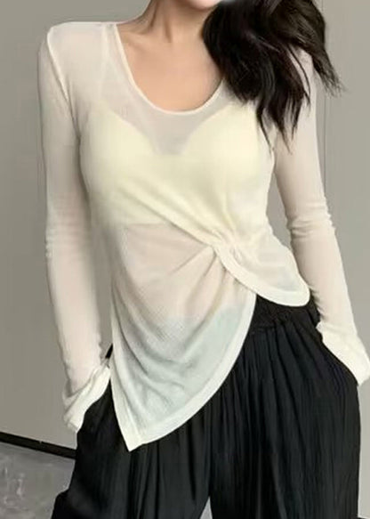 Beige Asymmetrical Wrinkled Ice Silk Yoga Top