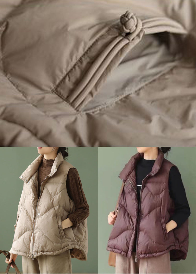 Khaki Stand Collar Oversized Duck Down Puffer Vests Winter