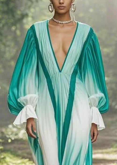 Gradient Color V Neck Original Design Chiffon Long Dresses Flare Sleeve