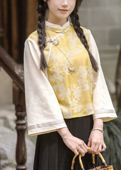 New Retro Yellow Top and Skirt Silk Two Pieces Set Autumn