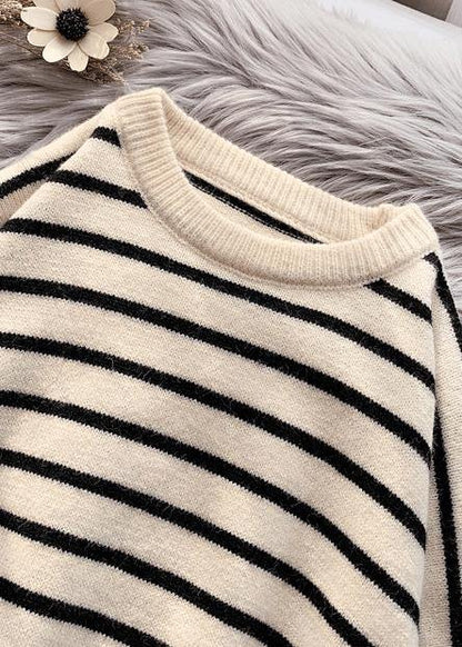 Beige Striped Sweaters O Neck Low High Design Sweater Blouse